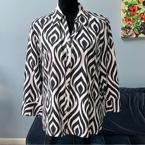 100% Linen Size 16 Button Up, JM Collection Shirt Animal Print Zebra Black White
